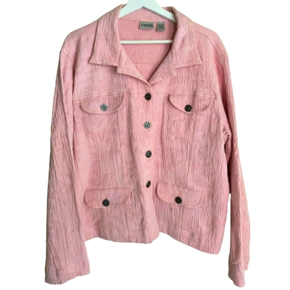 Chico's Blazer Women's Size 12 Pink Long sleeve Button Up Multi Pocket Crinkle